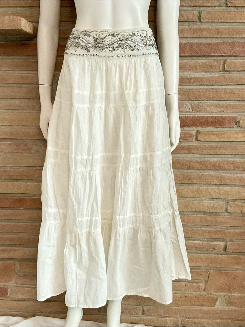 Vintage Boho Peasant Gypsy Maxi Skirt Cotton Beaded Embellished Waist Size 8